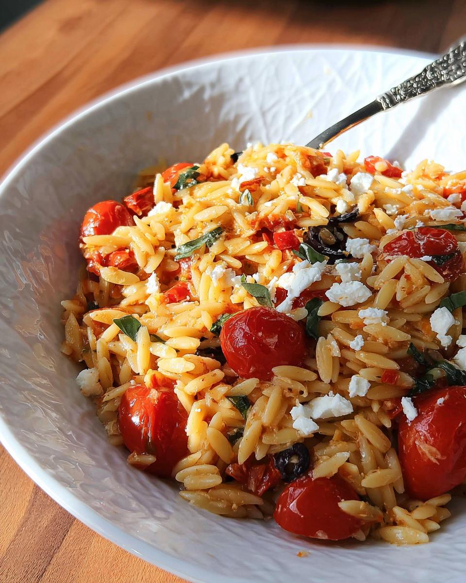 Nahaufnahme von One-Pot-Orzo mit Tomaten, Basilikum und Feta in einer weißen Schale.