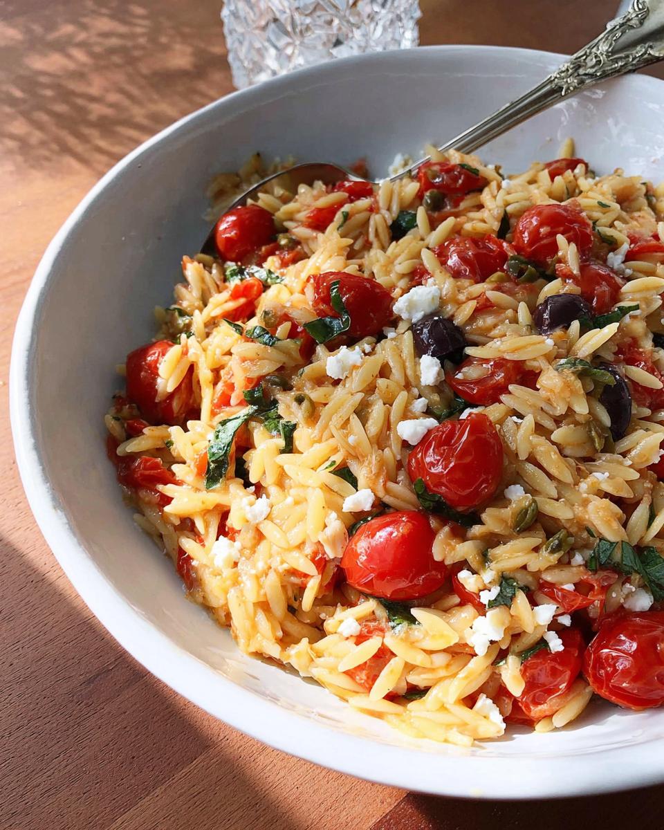 Nahaufnahme von One-Pot-Orzo mit Tomaten, Basilikum, Oliven und zerbröseltem Feta in einer weißen Schüssel.