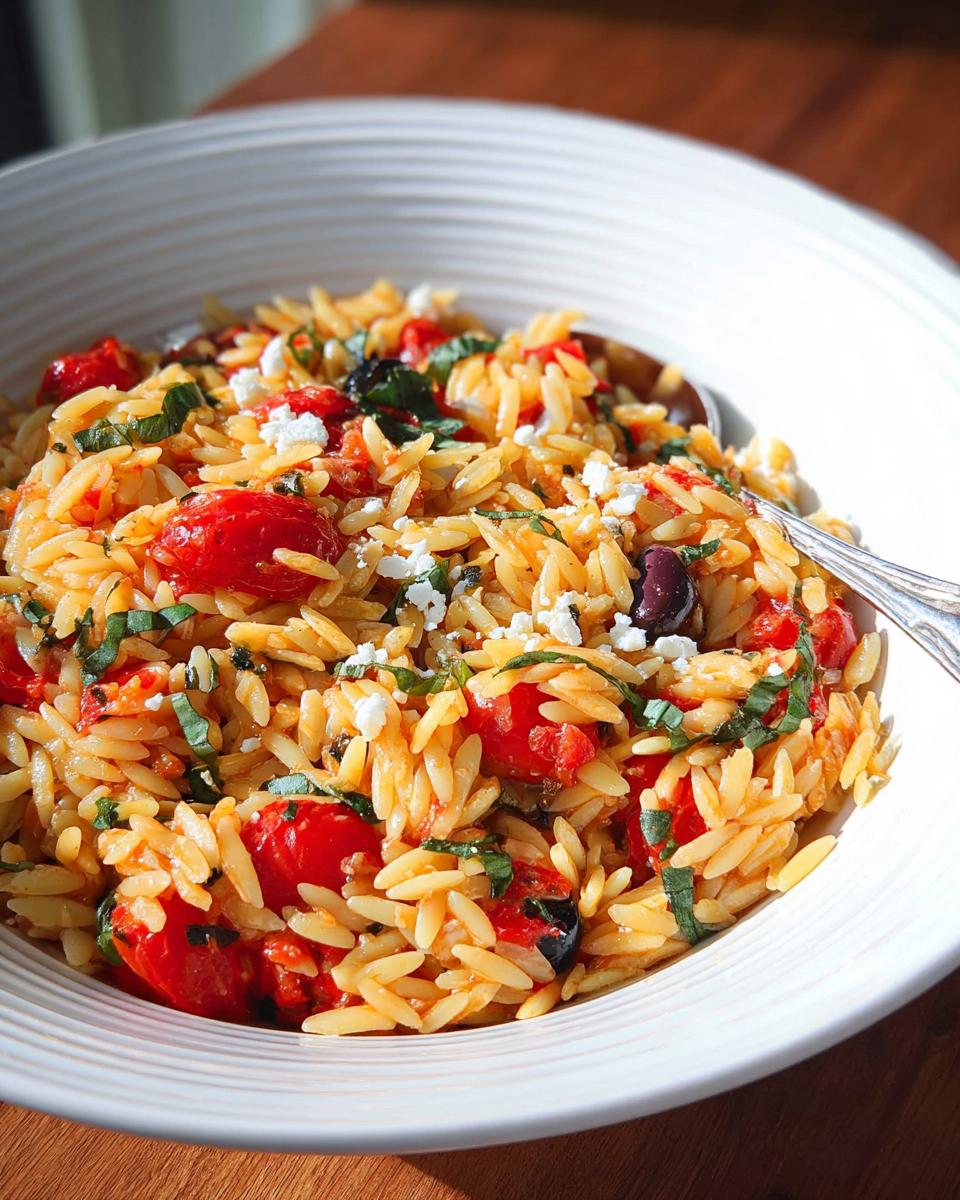 Nahaufnahme von One-Pot-Orzo mit Tomaten & Basilikum, garniert mit Feta und Oliven.