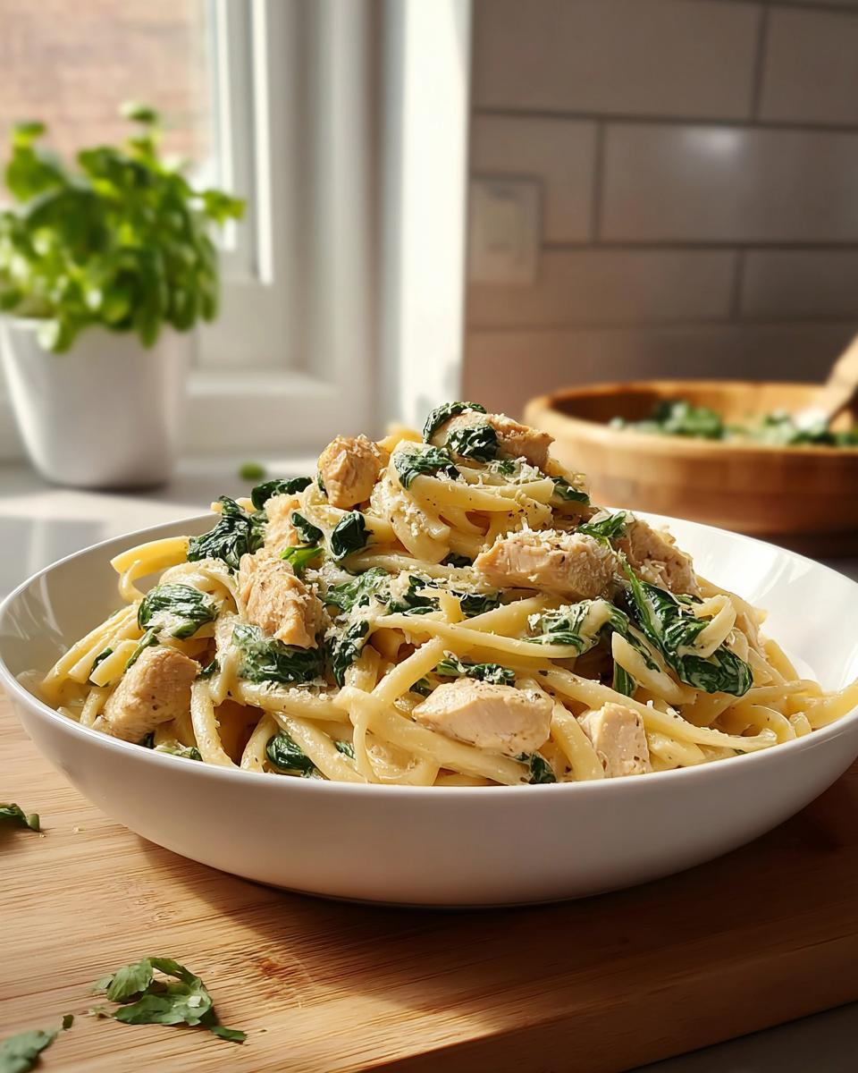Eine große Schüssel One-Pot-Pasta mit Spinat & Frischkäse, garniert mit Hähnchenstücken und Parmesan.