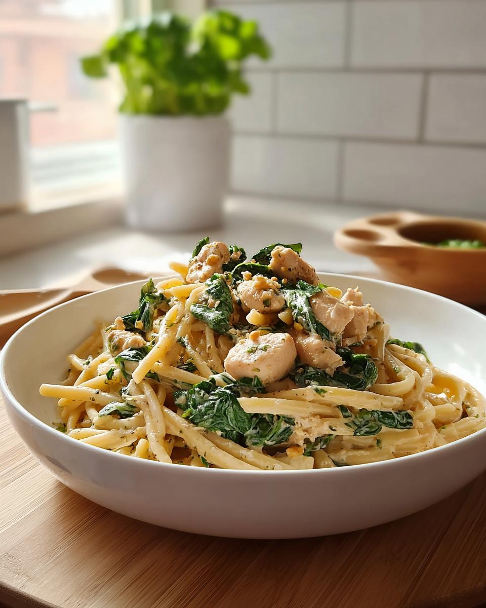 Eine Schüssel cremiger One-Pot-Pasta mit Spinat, Frischkäse und Hähnchenstücken, garniert mit Petersilie.