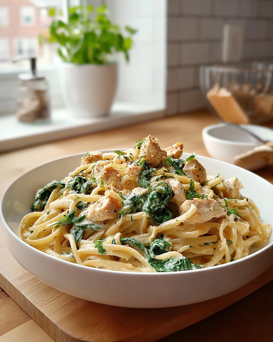 Eine große Schüssel mit cremigem One-Pot-Pasta mit Spinat & Frischkäse, garniert mit gebratenen Hähnchenstücken und Kräutern.