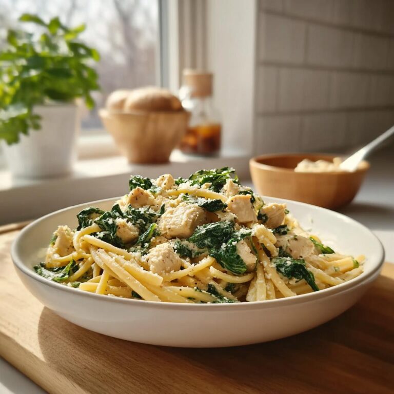 Eine Schüssel cremiger One-Pot-Pasta mit Spinat, Frischkäse und Hähnchenstücken, bestreut mit Parmesan.