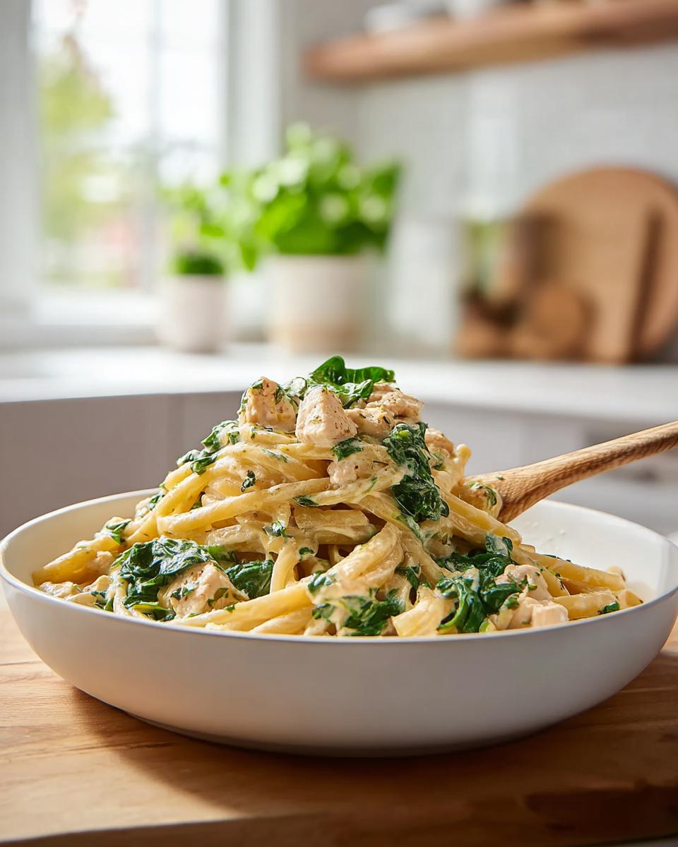 Eine große weiße Schüssel gefüllt mit cremigem One-Pot-Pasta mit Spinat und Hähnchenstücken, serviert mit einem Holzlöffel.