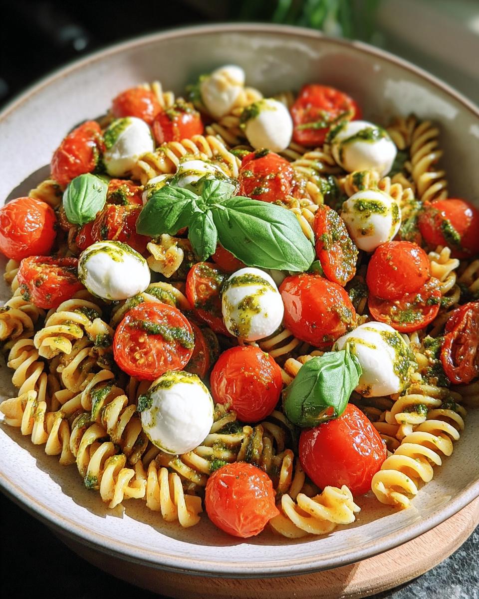 Nahaufnahme von Pasta mit Pesto Rosso, Kirschtomaten, Mozzarella-Bällchen und Basilikum.