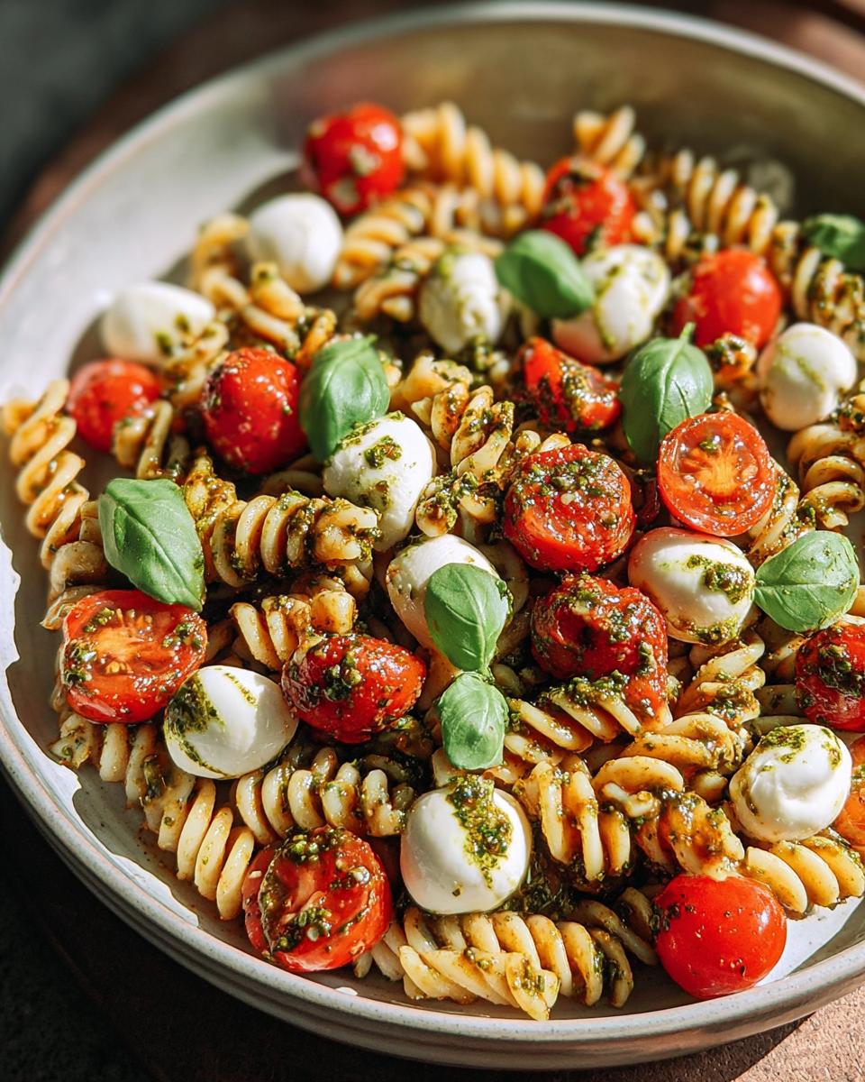 Nahaufnahme von Pasta mit Pesto Rosso & Kirschtomaten, kleinen Mozzarellakugeln und Basilikumblättern.