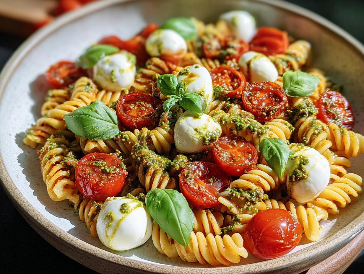 Nahaufnahme von Pasta mit Pesto Rosso & Kirschtomaten, Mozzarella-Kugeln und Basilikum.
