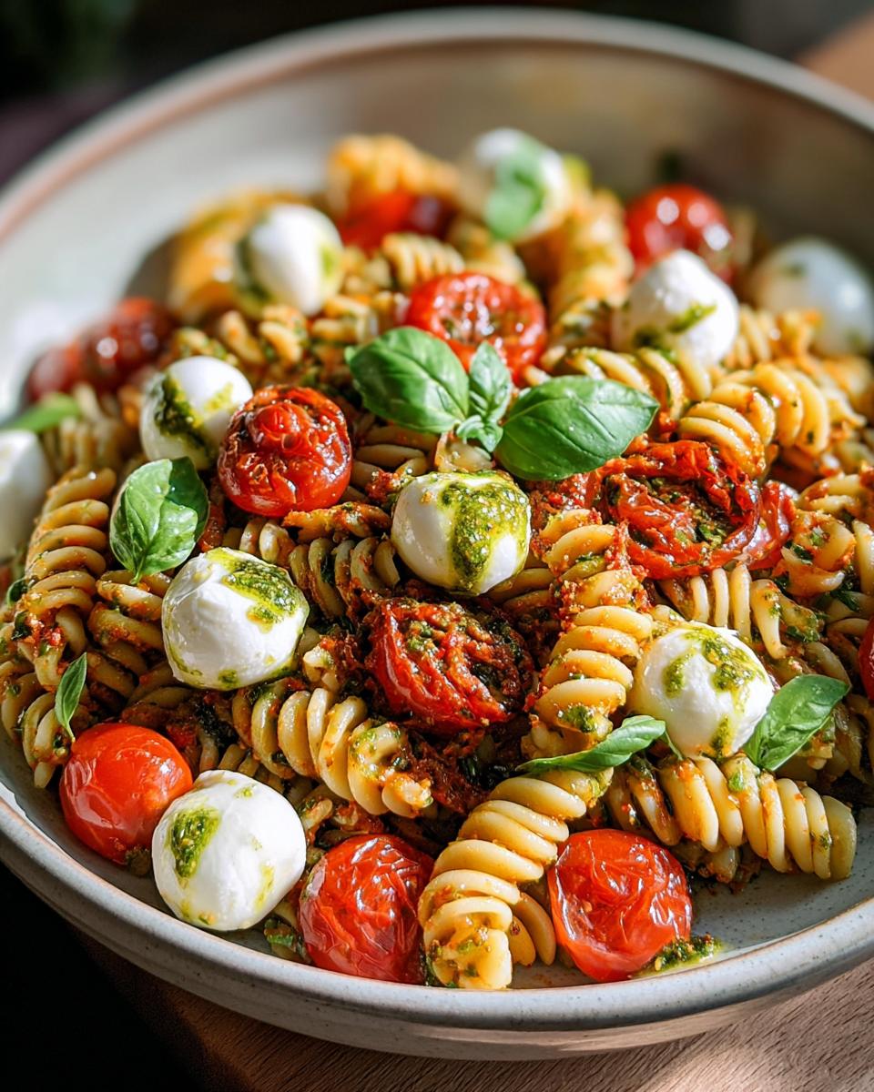 Nahaufnahme einer Schüssel Pasta mit Pesto Rosso, Kirschtomaten und Mozzarella-Kugeln.