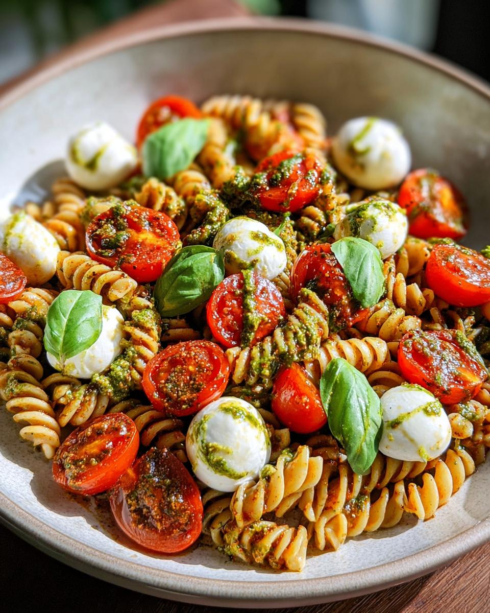 Nahaufnahme von Pasta mit Pesto Rosso & Kirschtomaten, Mozzarella-Bällchen und Basilikum.