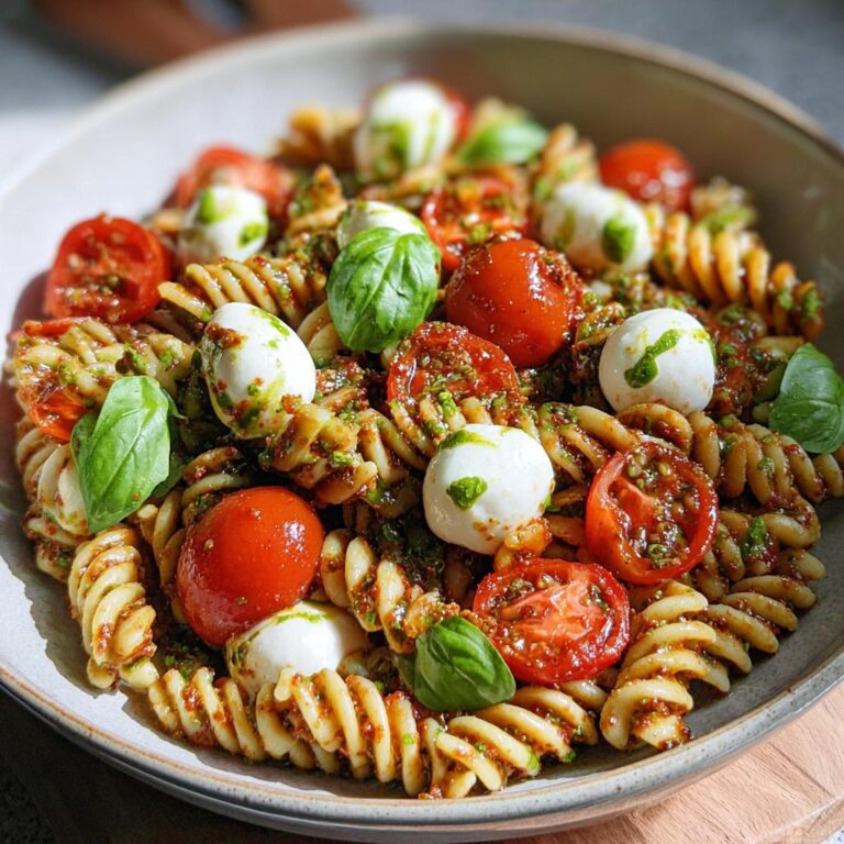 Nahaufnahme von Pasta mit Pesto Rosso & Kirschtomaten, kleinen Mozzarella-Bällchen und Basilikum.