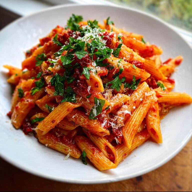 Nahaufnahme von Penne all’Arrabbiata – scharf & schnell, garniert mit Petersilie und Parmesan.