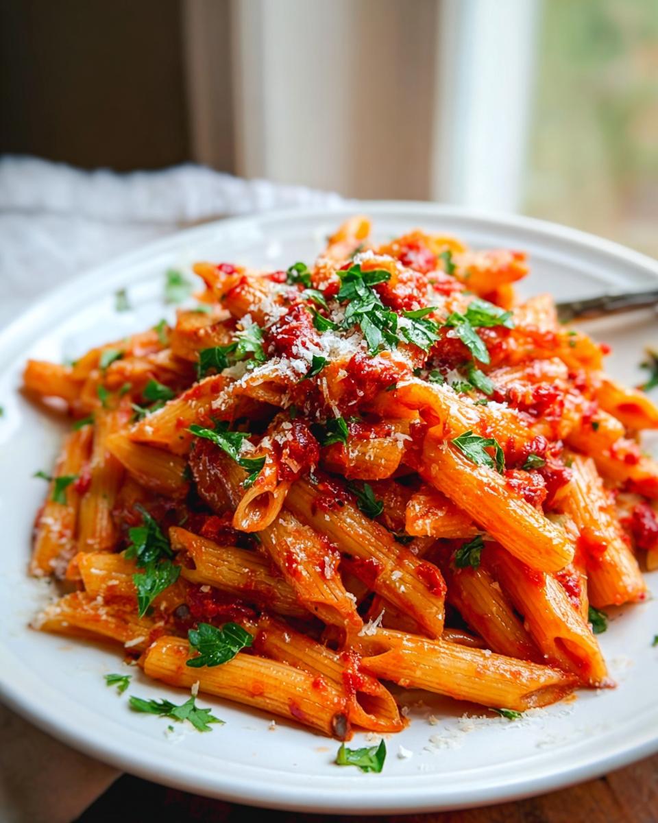 Nahaufnahme von Penne all’Arrabbiata mit würziger Tomatensauce, Parmesan und frischer Petersilie auf einem weißen Teller.