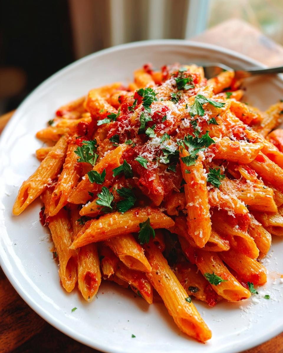 Teller mit Penne all’Arrabbiata, bedeckt mit roter, scharfer Sauce, geriebenem Parmesan und frischer Petersilie.