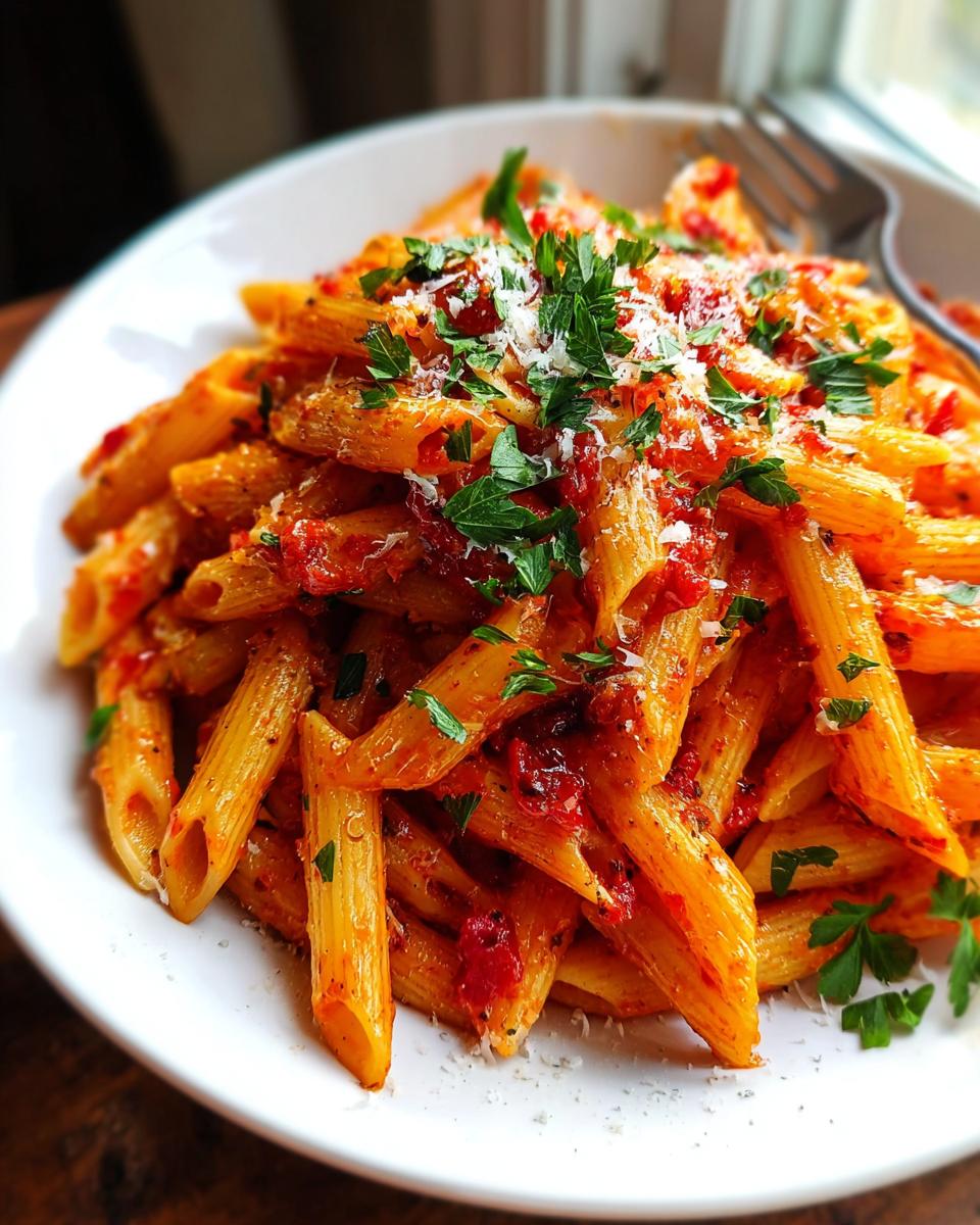 Teller mit scharfem Penne all’Arrabbiata, bedeckt mit Tomatensauce, Parmesan und Petersilie.