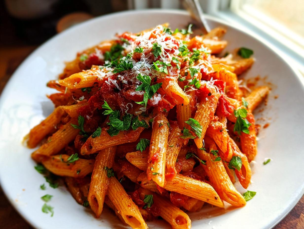 Nahaufnahme eines Tellers mit Penne all’Arrabbiata – scharf & schnell, garniert mit Parmesan und frischer Petersilie.