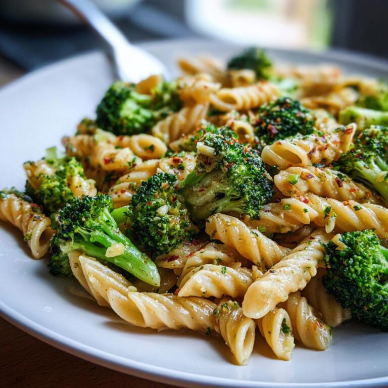 Nahaufnahme von Penne mit Brokkoli & Knoblauchöl auf einem weißen Teller, garniert mit Kräutern und Chili.