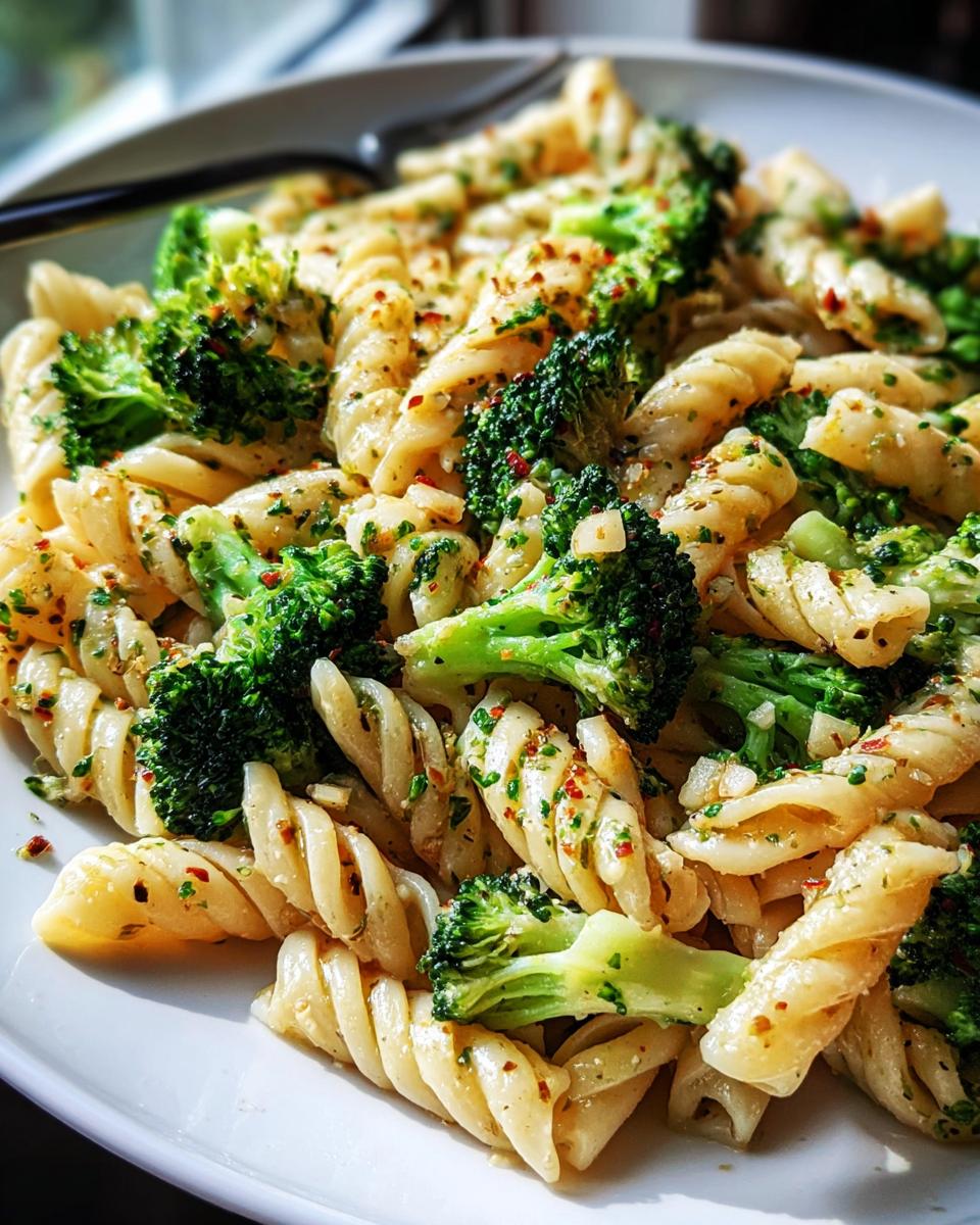 Nahaufnahme von Penne mit Brokkoli & Knoblauchöl, gewürzt mit Chili und Kräutern, auf einem weißen Teller.