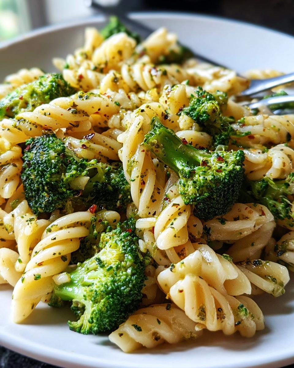 Nahaufnahme von Penne mit Brokkoli & Knoblauchöl, gewürzt mit Kräutern und Chili.