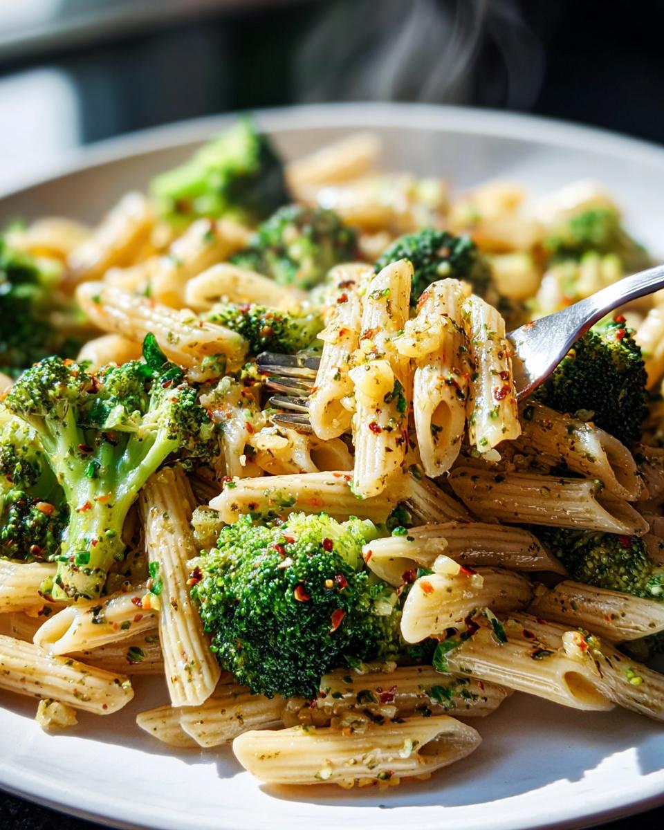 Nahaufnahme von dampfendem Penne mit Brokkoli & Knoblauchöl, wobei eine Gabel einige Nudeln aufnimmt.