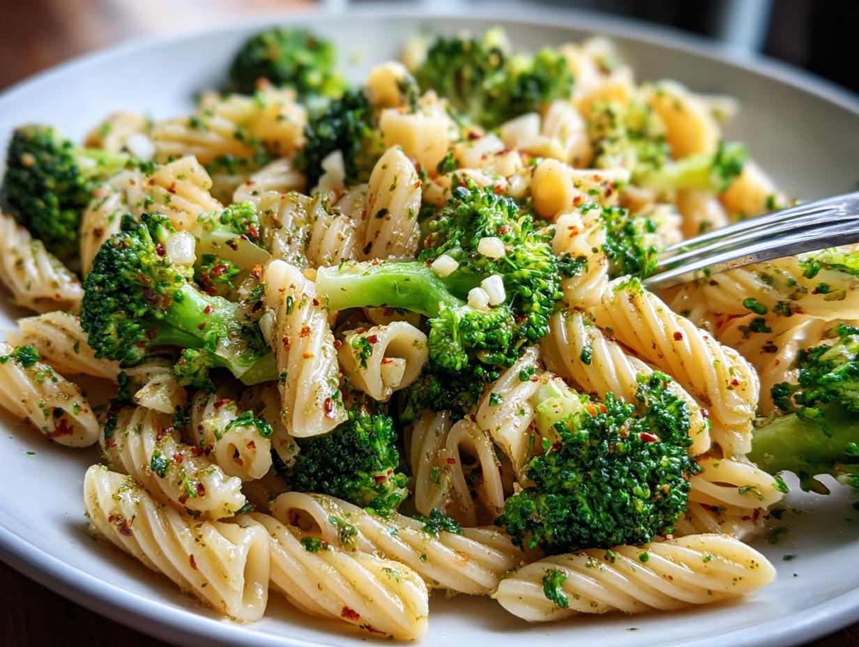 Nahaufnahme von Penne mit Brokkoli & Knoblauchöl, garniert mit Knoblauchstückchen und Chili.