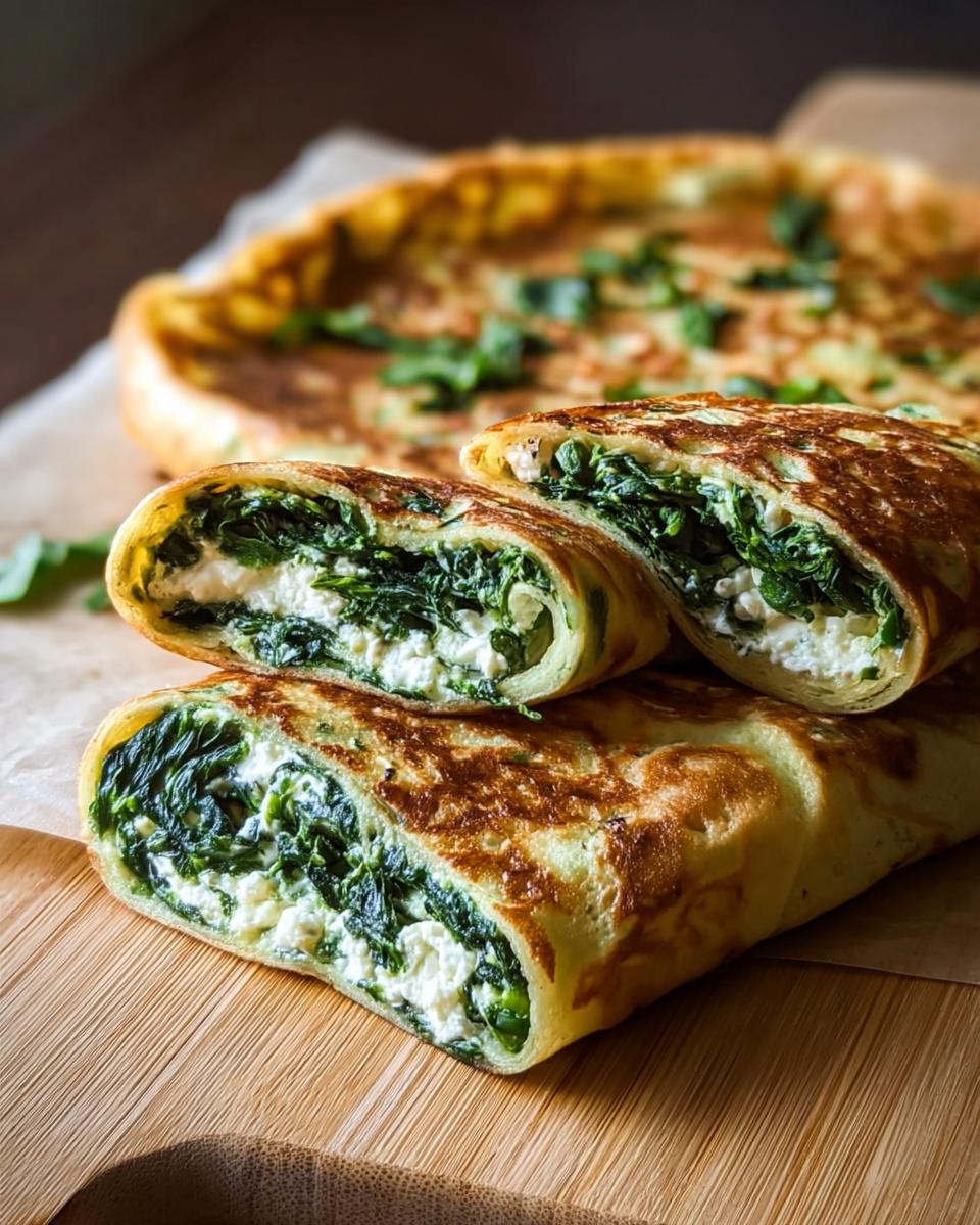 Aufgeschnittene Pfannkuchen herzhaft mit Spinat & Feta Füllung auf einem Holzbrett.