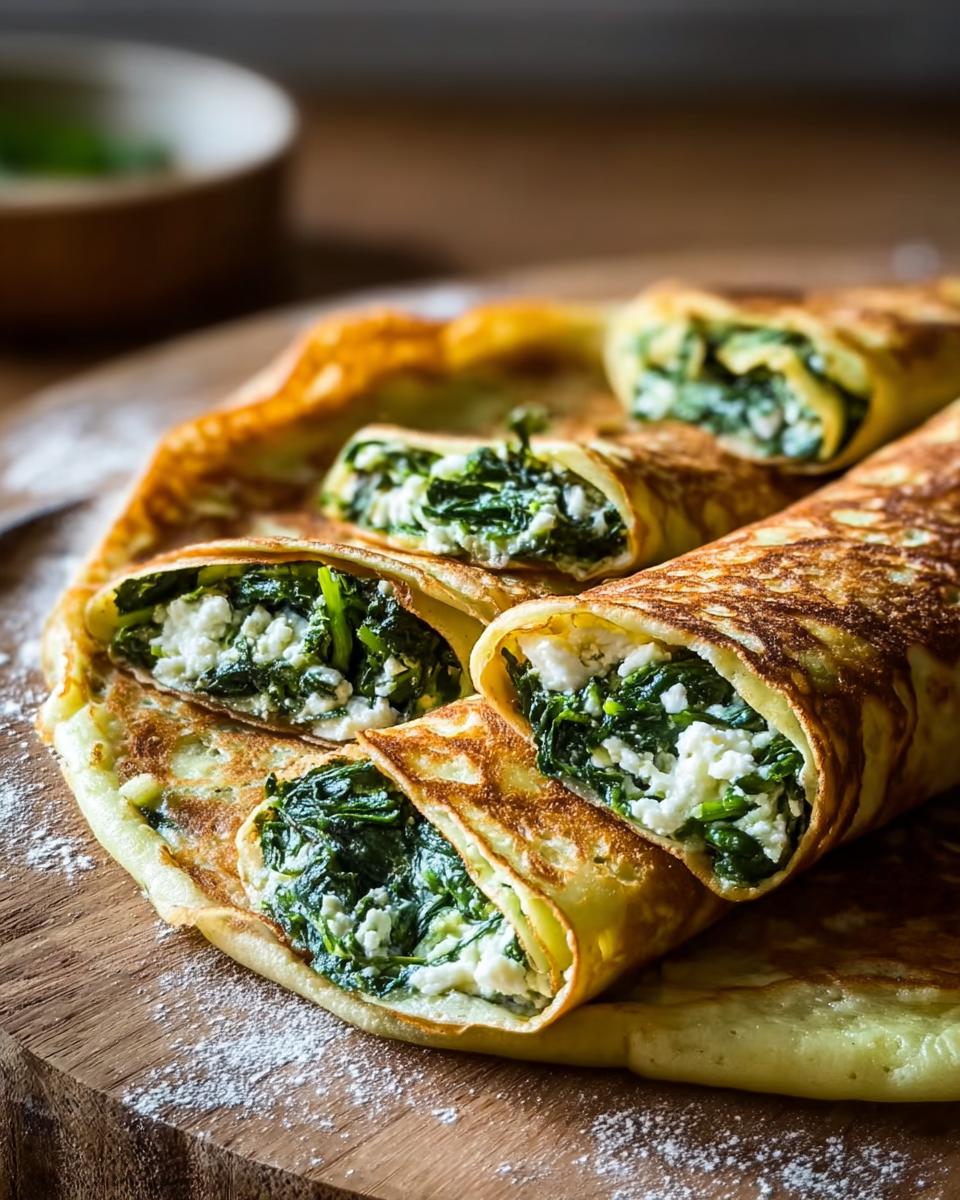 Gefüllte Pfannkuchen herzhaft mit Spinat & Feta, aufgeschnitten auf einem Holzbrett.