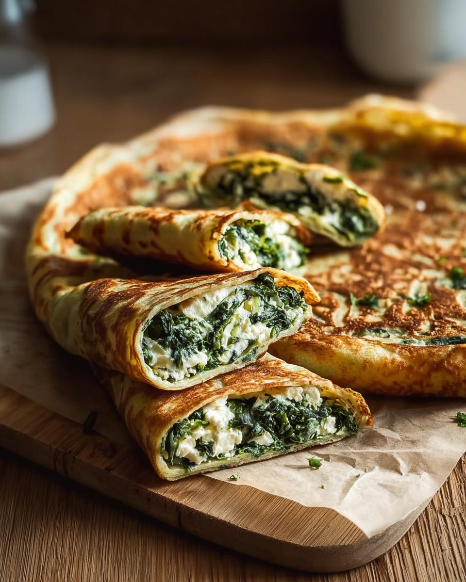Gefüllte Pfannkuchen herzhaft mit Spinat & Feta, aufgeschnitten, um die cremige Füllung zu zeigen.