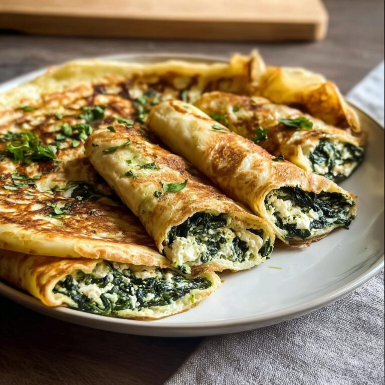 Gefüllte Pfannkuchen herzhaft mit Spinat & Feta, aufgeschnitten und garniert mit Kräutern.