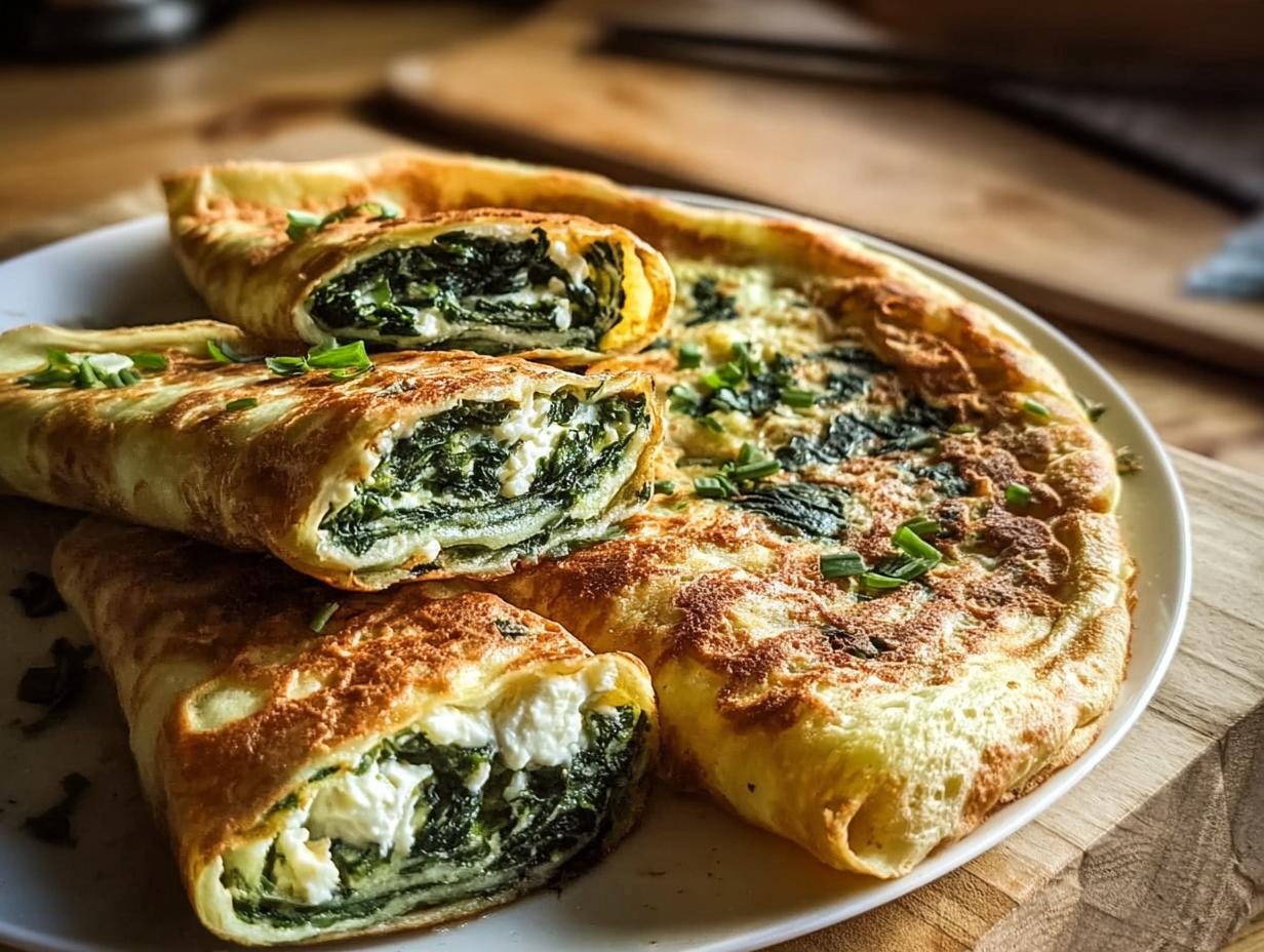 Gefüllte Pfannkuchen herzhaft mit Spinat & Feta, aufgerollt und aufgeschnitten, serviert auf einem weißen Teller.