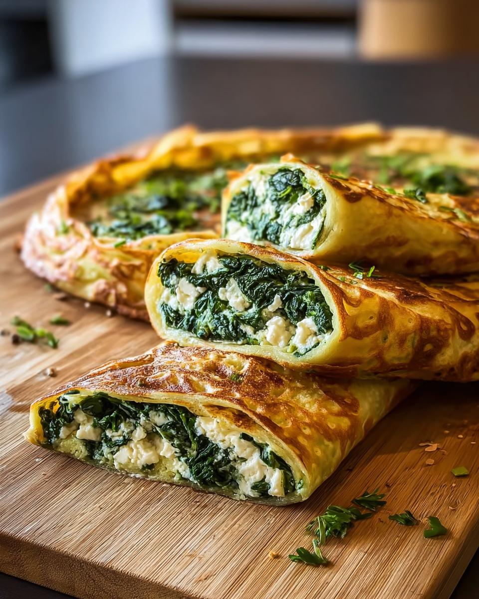 Gefüllte Pfannkuchen herzhaft mit Spinat & Feta, aufgeschnitten auf einem Holzbrett.