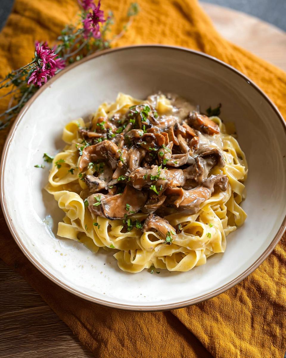 Eine Schüssel mit cremigem Pilzrahmgeschnetzeltes mit Bandnudeln, garniert mit Petersilie.