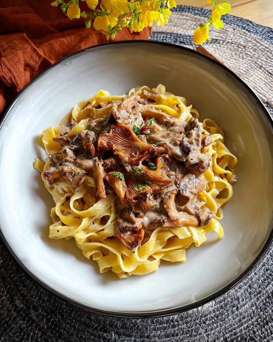 Teller mit Pilzrahmgeschnetzeltes mit Bandnudeln, garniert mit frischen Pfifferlingen und Petersilie.