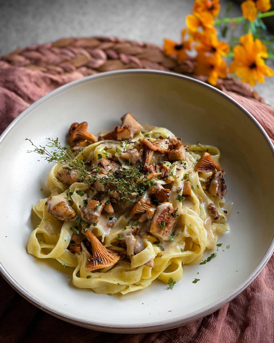 Teller mit Pilzrahmgeschnetzeltes mit Bandnudeln, garniert mit Pfifferlingen und Thymian.