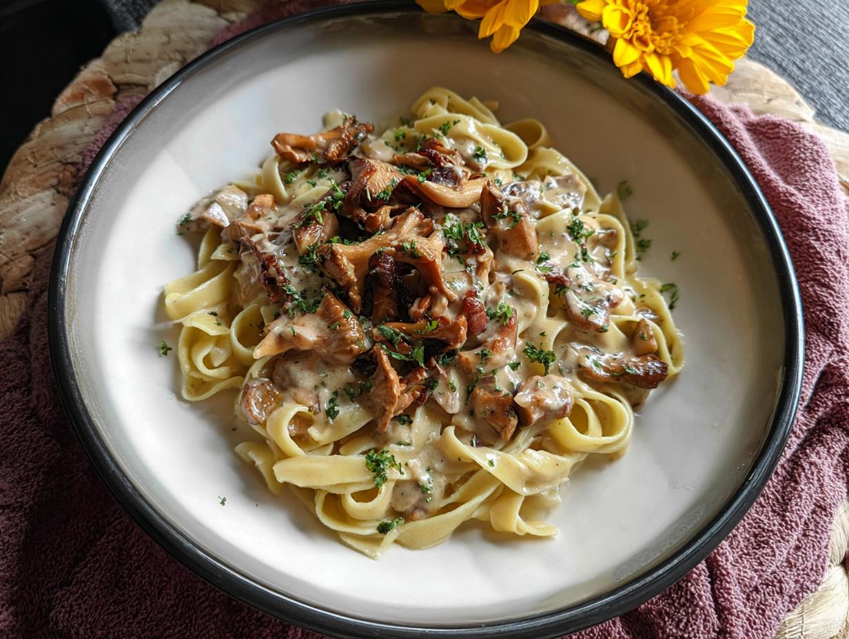 Teller mit Pilzrahmgeschnetzeltes mit Bandnudeln, garniert mit Petersilie.