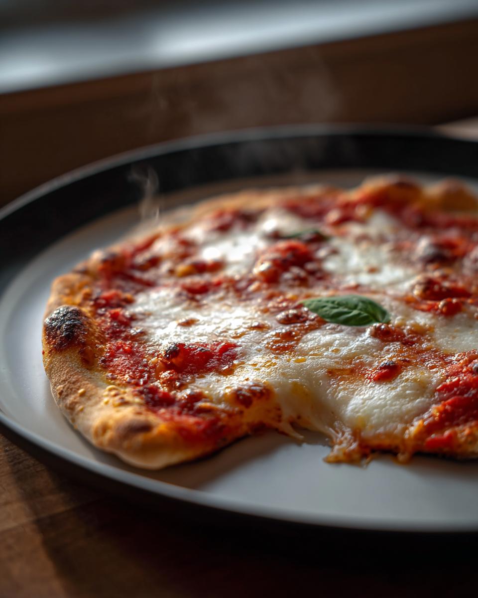 Nahaufnahme einer dampfenden Pita-Pizza aus dem Ofen mit geschmolzenem Käse und Tomatensauce.