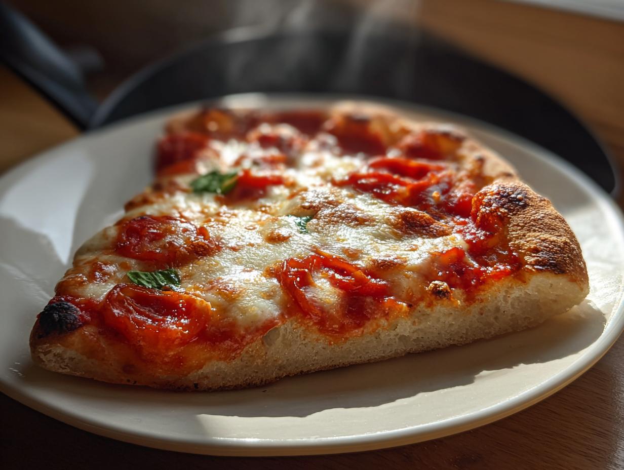 Ein Stück dampfende Pita-Pizza aus dem Ofen mit geschmolzenem Käse und Tomaten auf einem Teller.