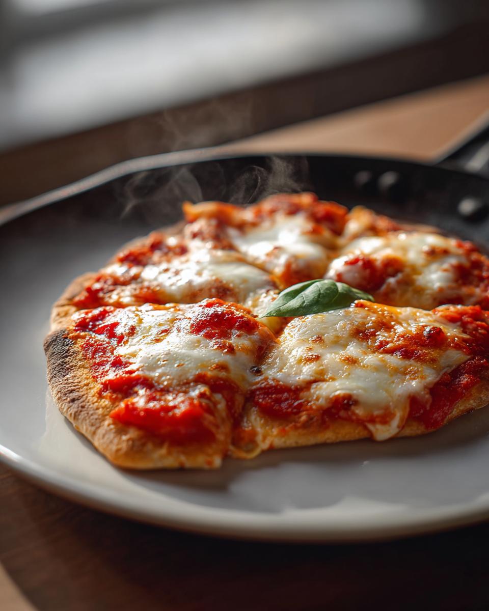 Nahaufnahme einer dampfenden Pita-Pizza aus dem Ofen mit geschmolzenem Käse und Tomatensauce.