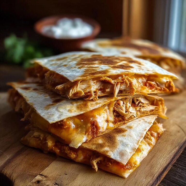 Stapel von goldbraun gebratenen Quesadillas mit Hähnchen & Käse, geschmolzener Käse quillt heraus.