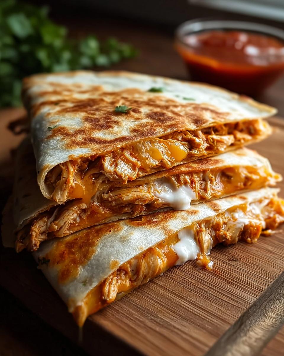 Gestapelte Quesadillas mit Hähnchen & Käse mit geschmolzenem Käse auf einem Holzbrett.