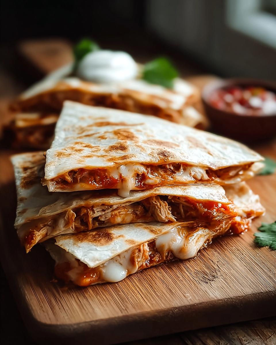 Drei gestapelte Stücke Quesadillas mit Hähnchen & Käse, mit geschmolzenem Käse und Hähnchenfüllung.