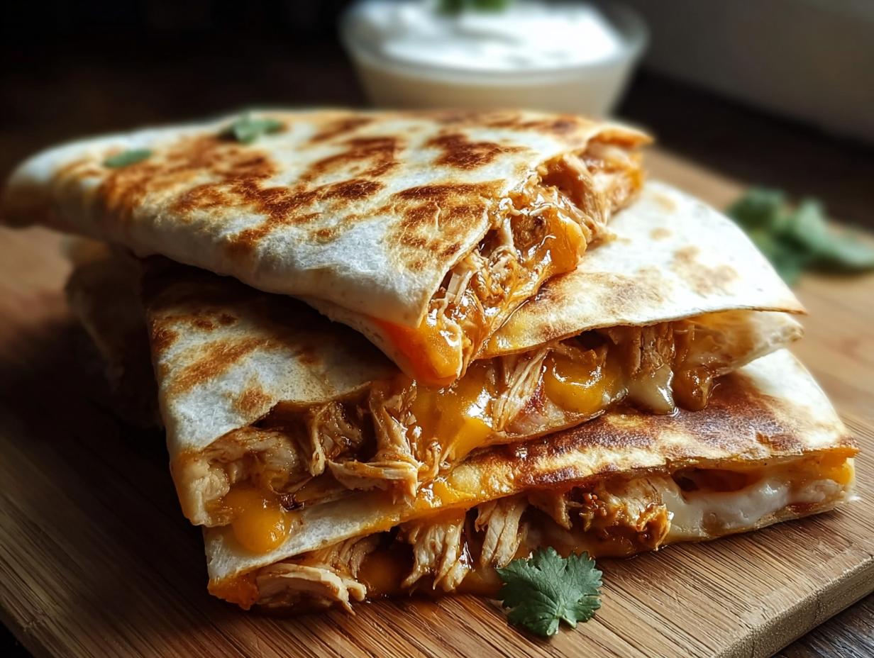 Drei gestapelte, goldbraun gebratene Quesadillas mit Hähnchen & Käse, wobei der geschmolzene Käse herausläuft.