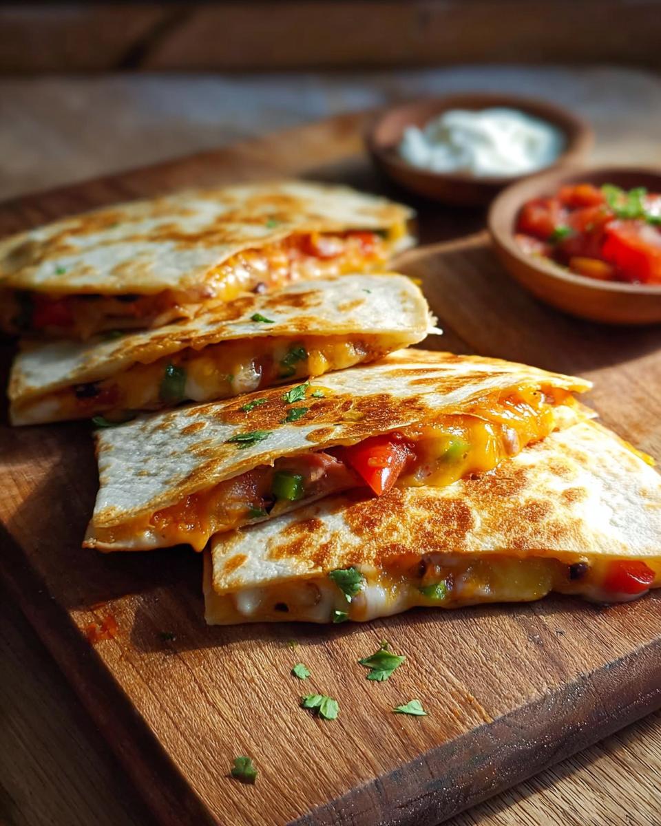 Drei aufgeschnittene Quesadillas mit Käse, Bohnen und Gemüse auf einem Holzbrett, serviert mit Salsa und saurer Sahne.