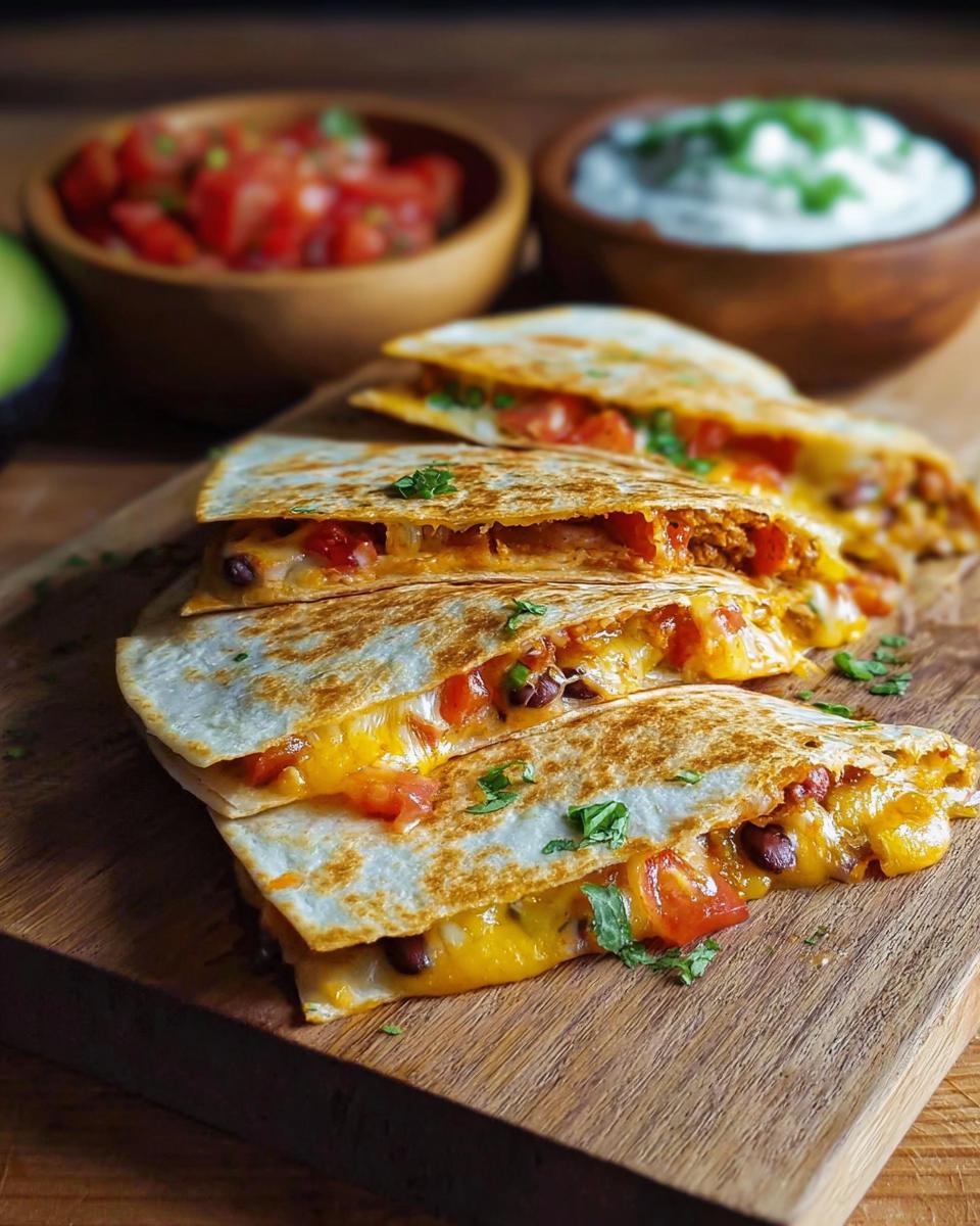 Gestapelte, geschnittene Quesadillas mit Käse, Bohnen und Tomaten, serviert auf einem Holzbrett mit Dips im Hintergrund.