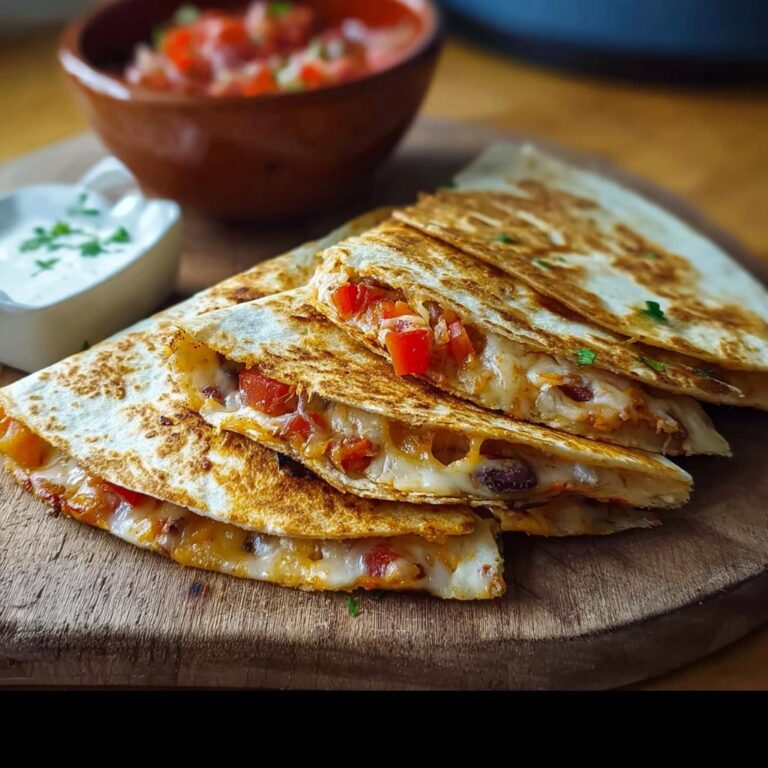 Ein Stapel goldbraun gebratener Quesadillas mit Käse, Bohnen und Tomaten, serviert mit Salsa und Sour Cream.