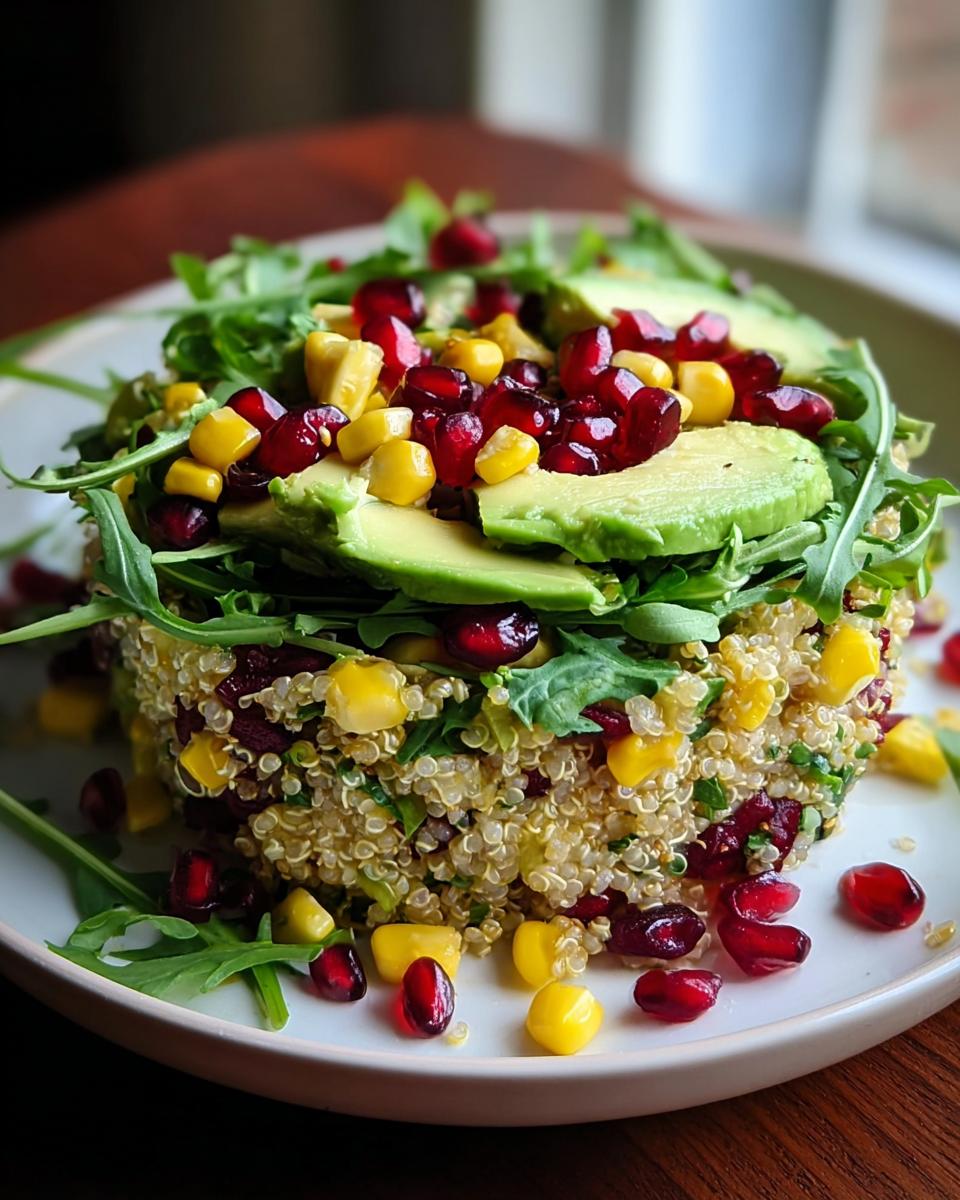 Ein appetitlicher Quinoa-Salat mit Avocado & Mais, garniert mit Granatapfelkernen und Rucola.
