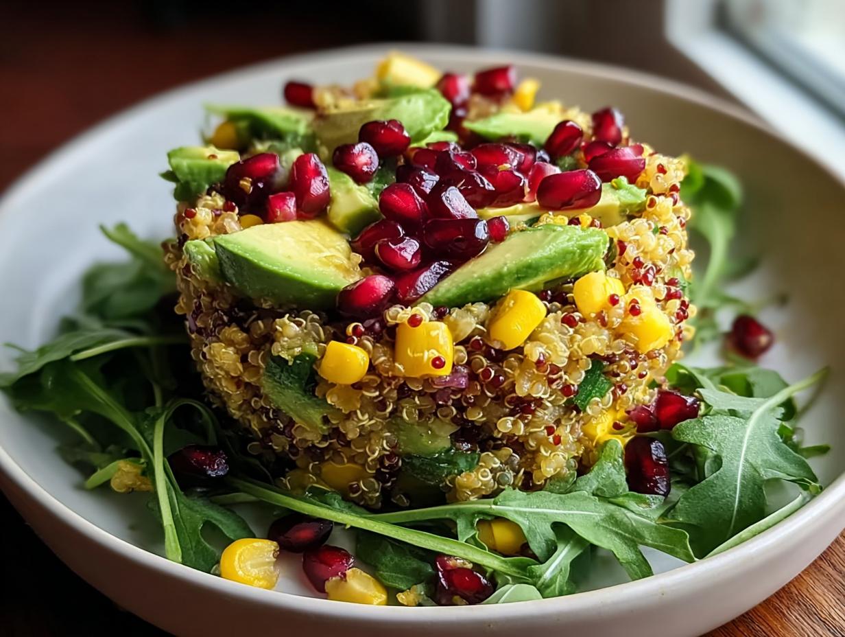 Ein appetitlicher Quinoa-Salat mit Avocado, Mais und Granatapfelkernen, angerichtet auf Rucola.