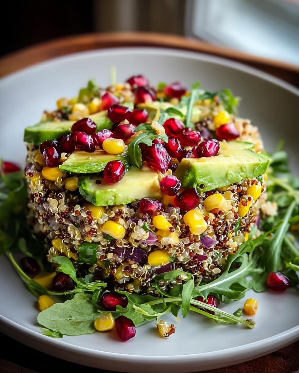 Getürmter Quinoa-Salat mit Avocado, Mais, Granatapfelkernen und Rucola auf einem weißen Teller.