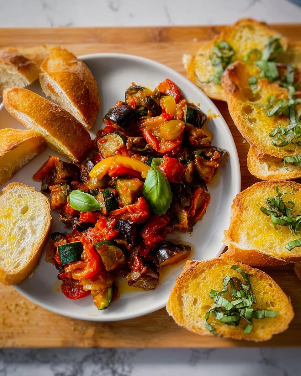 Garniertes Ratatouille mit Baguette-Scheiben auf einem weißen Teller, bereit zum Servieren.