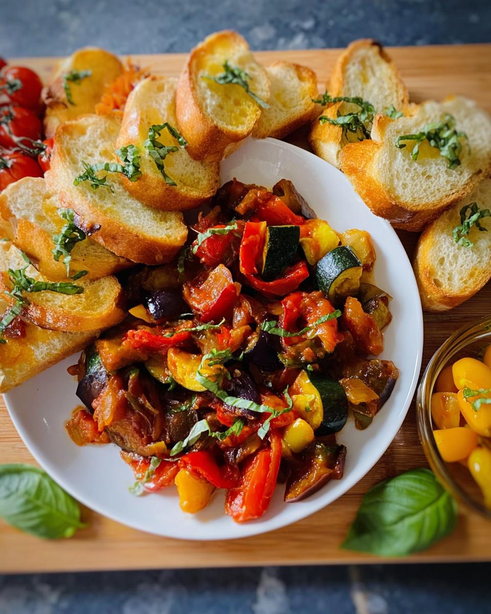 Serviervorschlag für Ratatouille mit Baguette Scheiben, garniert mit frischem Basilikum.