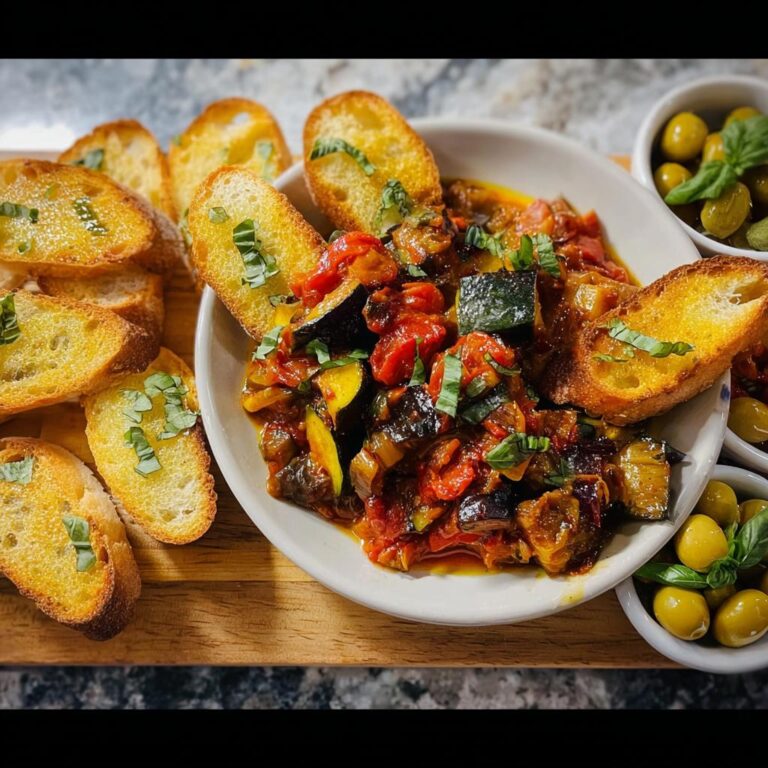 Herzhaftes Ratatouille mit Baguette-Scheiben, garniert mit Basilikum.